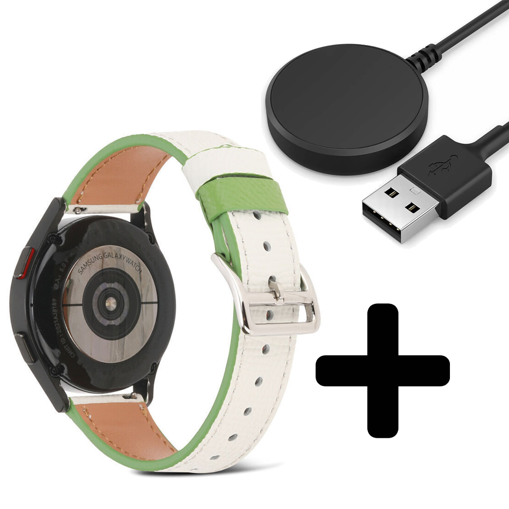 Strap-it Strap-it Bandje geschikt voor Samsung Galaxy Watch 5 (40mm / 44mm / Pro) leren bandje (wit-groen) - Incl. Oplader geschikt voor Samsung Galaxy Watch 5 40 mm / 44 mm / Pro (oplaadkabel)