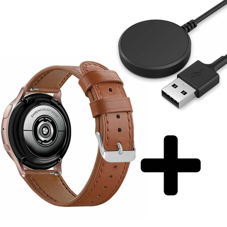 Strap-it Strap-it Bandje geschikt voor Samsung Galaxy Watch 5 (40mm / 44mm / Pro) leren bandje (strak bruin) - Incl. Oplader geschikt voor Samsung Galaxy Watch 5 40 mm / 44 mm / Pro (oplaadkabel)