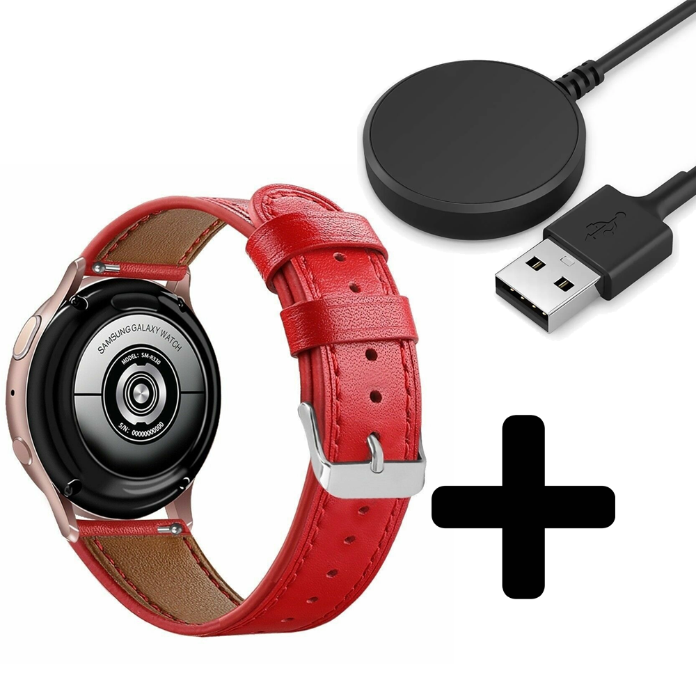 Strap-it Strap-it Bandje geschikt voor Samsung Galaxy Watch 5 (40mm / 44mm / Pro) leren bandje (rood) - Incl. Oplader geschikt voor Samsung Galaxy Watch 5 40 mm / 44 mm / Pro (oplaadkabel)