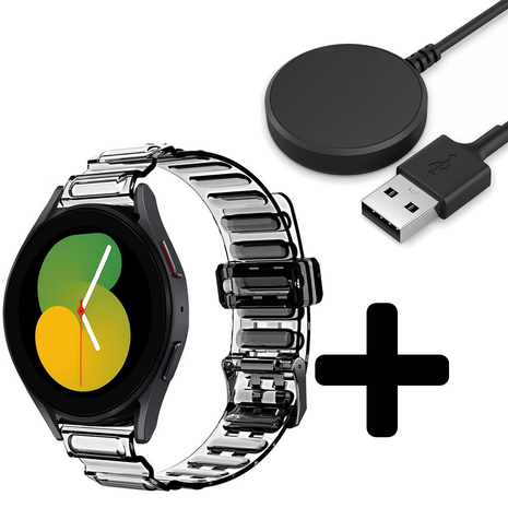 Strap-it Strap-it Bandje geschikt voor Samsung Galaxy Watch 5 (40mm / 44mm / Pro) crystal bandje (transparant zwart) - Incl. Oplader geschikt voor Samsung Galaxy Watch 5 40 mm / 44 mm / Pro (oplaadkabel)