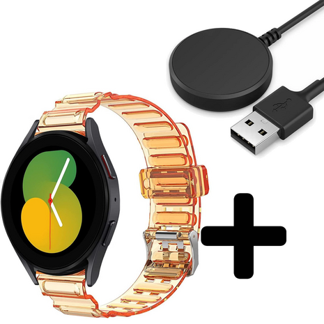 Strap-it Strap-it Bandje geschikt voor Samsung Galaxy Watch 5 (40mm / 44mm / Pro) crystal bandje (transparant oranje) - Incl. Oplader geschikt voor Samsung Galaxy Watch 5 40 mm / 44 mm / Pro (oplaadkabel)