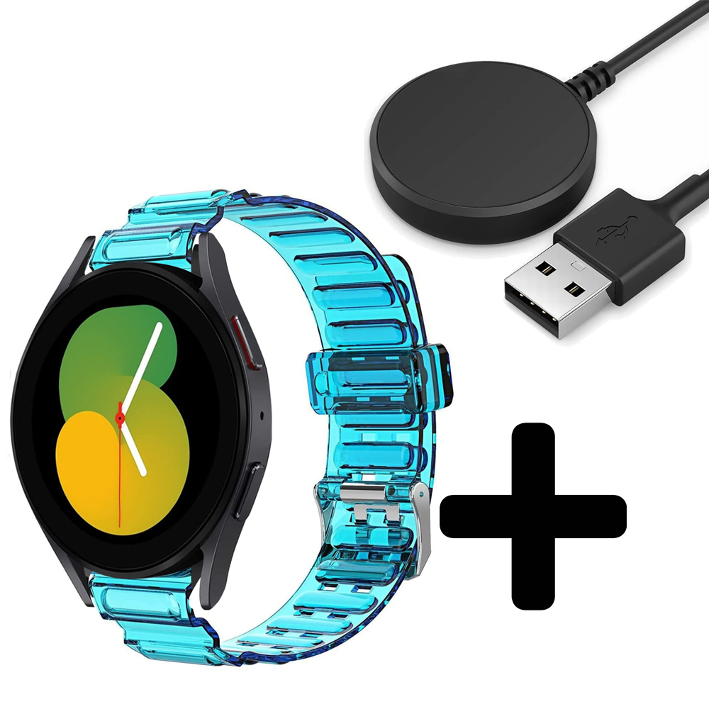 Strap-it Strap-it Bandje geschikt voor Samsung Galaxy Watch 5 (40mm / 44mm / Pro) crystal bandje (transparant blauw) - Incl. Oplader geschikt voor Samsung Galaxy Watch 5 40 mm / 44 mm / Pro (oplaadkabel) Strap-it Strap-it Bandje geschikt voor Samsung Galaxy Watch 5 (40mm / 44mm / Pro) crystal bandje (transparant blauw) - Incl. Oplader geschikt voor Samsung Galaxy Watch 5 40 mm / 44 mm / Pro (oplaadkabel)
