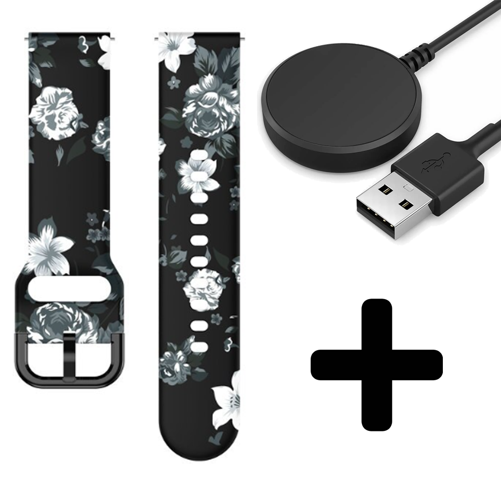 Strap-it Strap-it Grey Flower Bandje geschikt voor Samsung Galaxy Watch 5 (40mm / 44mm / Pro) - Incl. Oplader geschikt voor Samsung Galaxy Watch 5 40 mm / 44 mm / Pro (oplaadkabel)