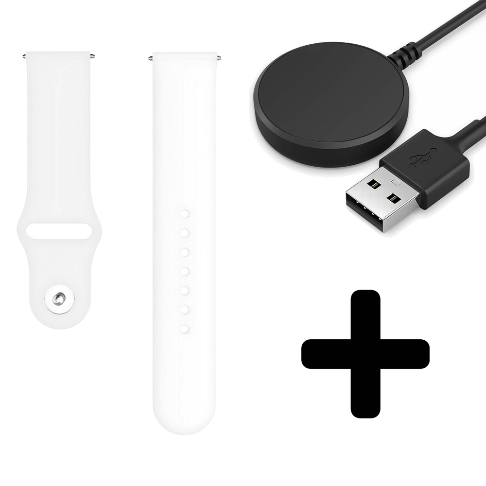 Strap-it Strap-it Bandje geschikt voor Samsung Galaxy Watch 5 (40mm / 44mm / Pro) lichtgevend siliconen bandje (wit) - Incl. Oplader geschikt voor Samsung Galaxy Watch 5 40 mm / 44 mm / Pro (oplaadkabel)