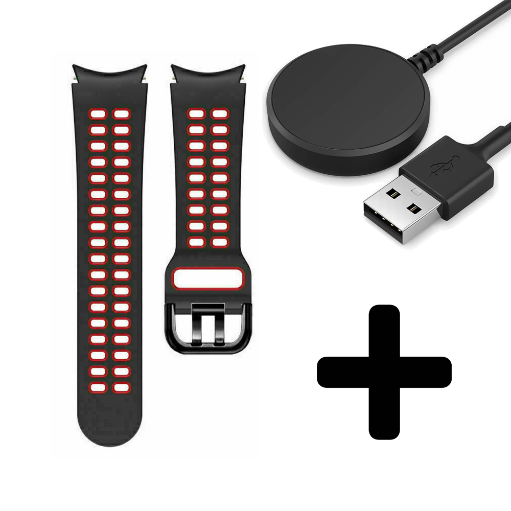 Strap-it Strap-it Bandje geschikt voor Samsung Galaxy Watch 5 (40mm / 44mm / Pro) sport square bandje (zwart/rood) - Incl. Oplader geschikt voor Samsung Galaxy Watch 5 40 mm / 44 mm / Pro (oplaadkabel)