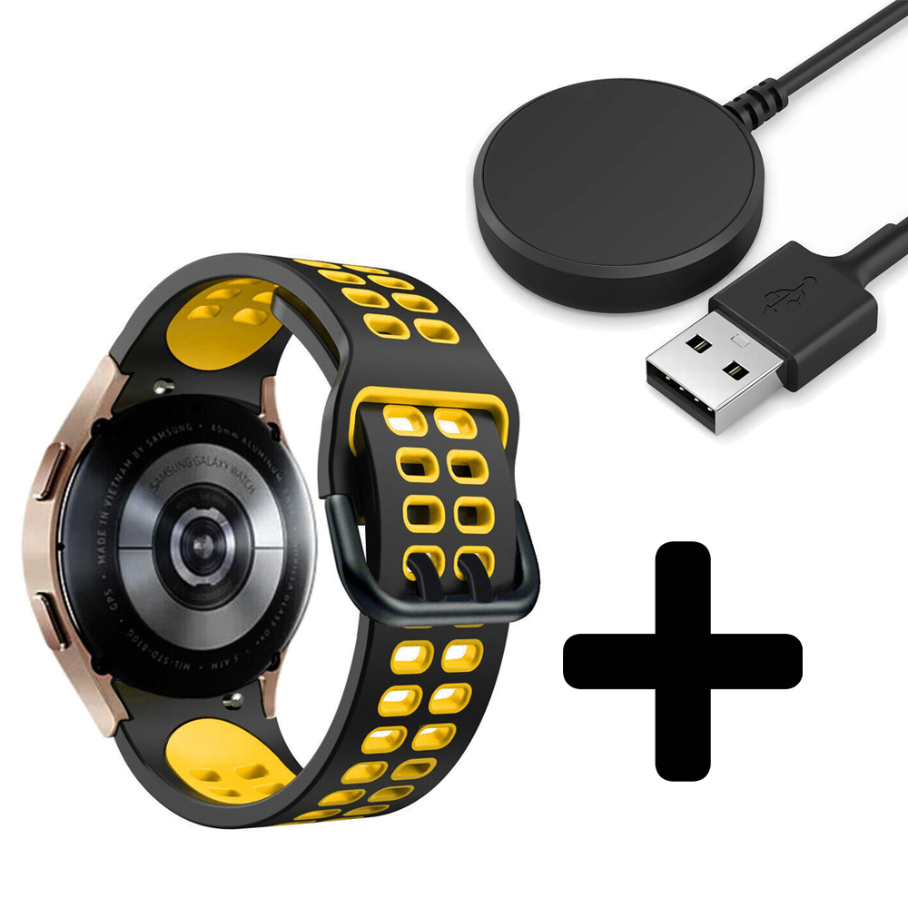 Strap-it Strap-it Bandje geschikt voor Samsung Galaxy Watch 5 (40mm / 44mm / Pro) sport square bandje (zwart/geel) - Incl. Oplader geschikt voor Samsung Galaxy Watch 5 40 mm / 44 mm / Pro (oplaadkabel)