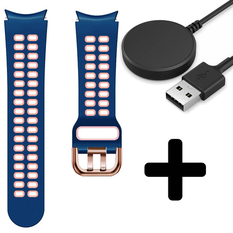 Strap-it Strap-it Bandje geschikt voor Samsung Galaxy Watch 5 (40mm / 44mm / Pro) sport square bandje (blauw/roze) - Incl. Oplader geschikt voor Samsung Galaxy Watch 5 40 mm / 44 mm / Pro (oplaadkabel)