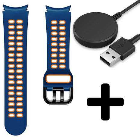 Strap-it Strap-it Bandje geschikt voor Samsung Galaxy Watch 5 (40mm / 44mm / Pro) sport square bandje (blauw/oranje) - Incl. Oplader geschikt voor Samsung Galaxy Watch 5 40 mm / 44 mm / Pro (oplaadkabel)