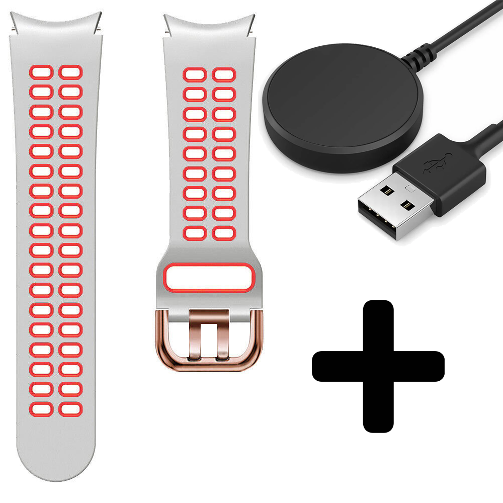 Strap-it Strap-it Bandje geschikt voor Samsung Galaxy Watch 5 (40mm / 44mm / Pro) sport square bandje (wit/rood) - Incl. Oplader geschikt voor Samsung Galaxy Watch 5 40 mm / 44 mm / Pro (oplaadkabel)