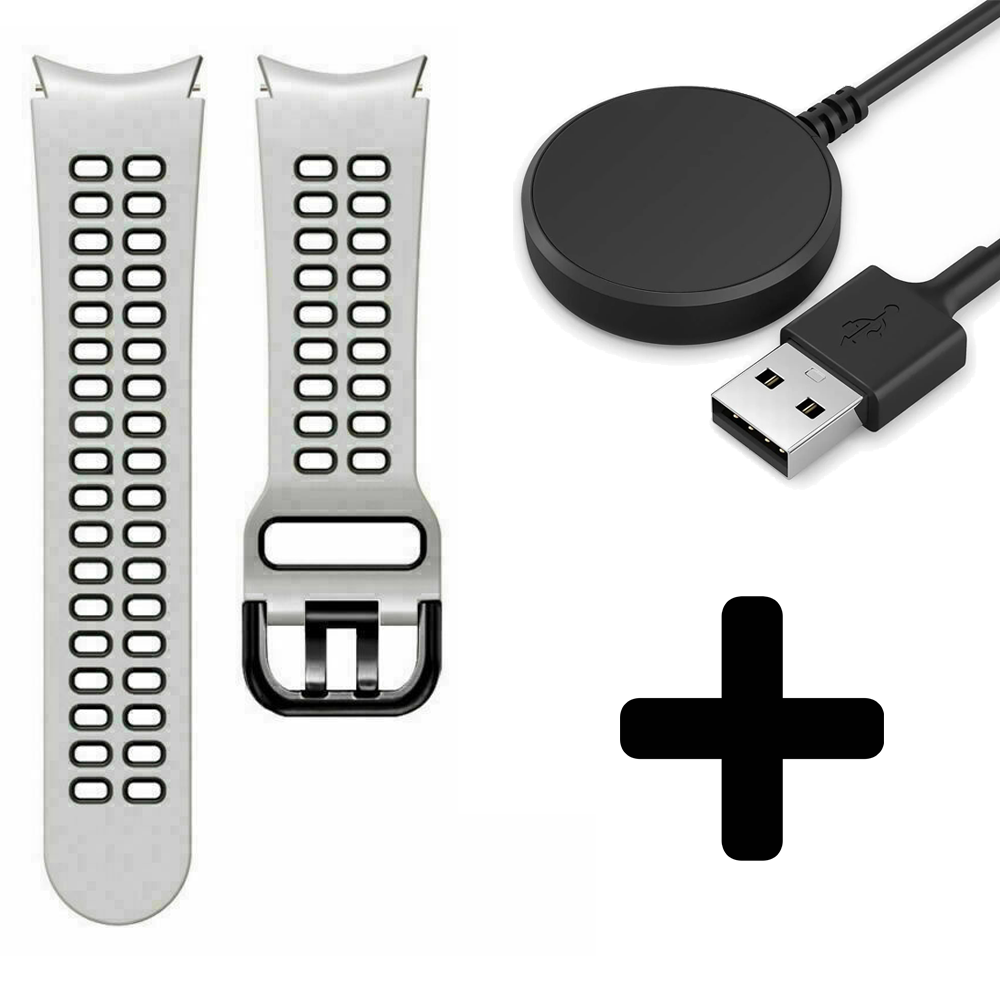 Strap-it Strap-it Bandje geschikt voor Samsung Galaxy Watch 5 (40mm / 44mm / Pro) sport square bandje (wit/zwart) - Incl. Oplader geschikt voor Samsung Galaxy Watch 5 40 mm / 44 mm / Pro (oplaadkabel)