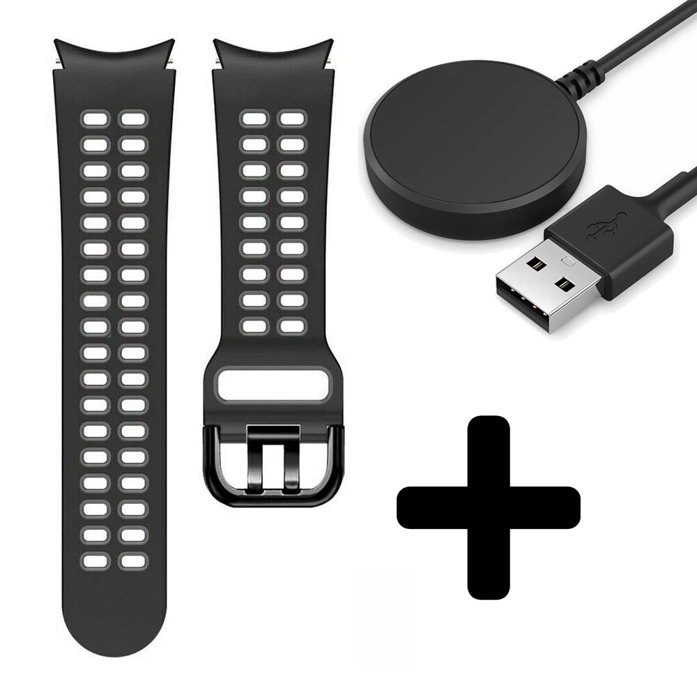 Strap-it Strap-it Bandje geschikt voor Samsung Galaxy Watch 5 (40mm / 44mm / Pro) sport square bandje (zwart/grijs) - Incl. Oplader geschikt voor Samsung Galaxy Watch 5 40 mm / 44 mm / Pro (oplaadkabel)