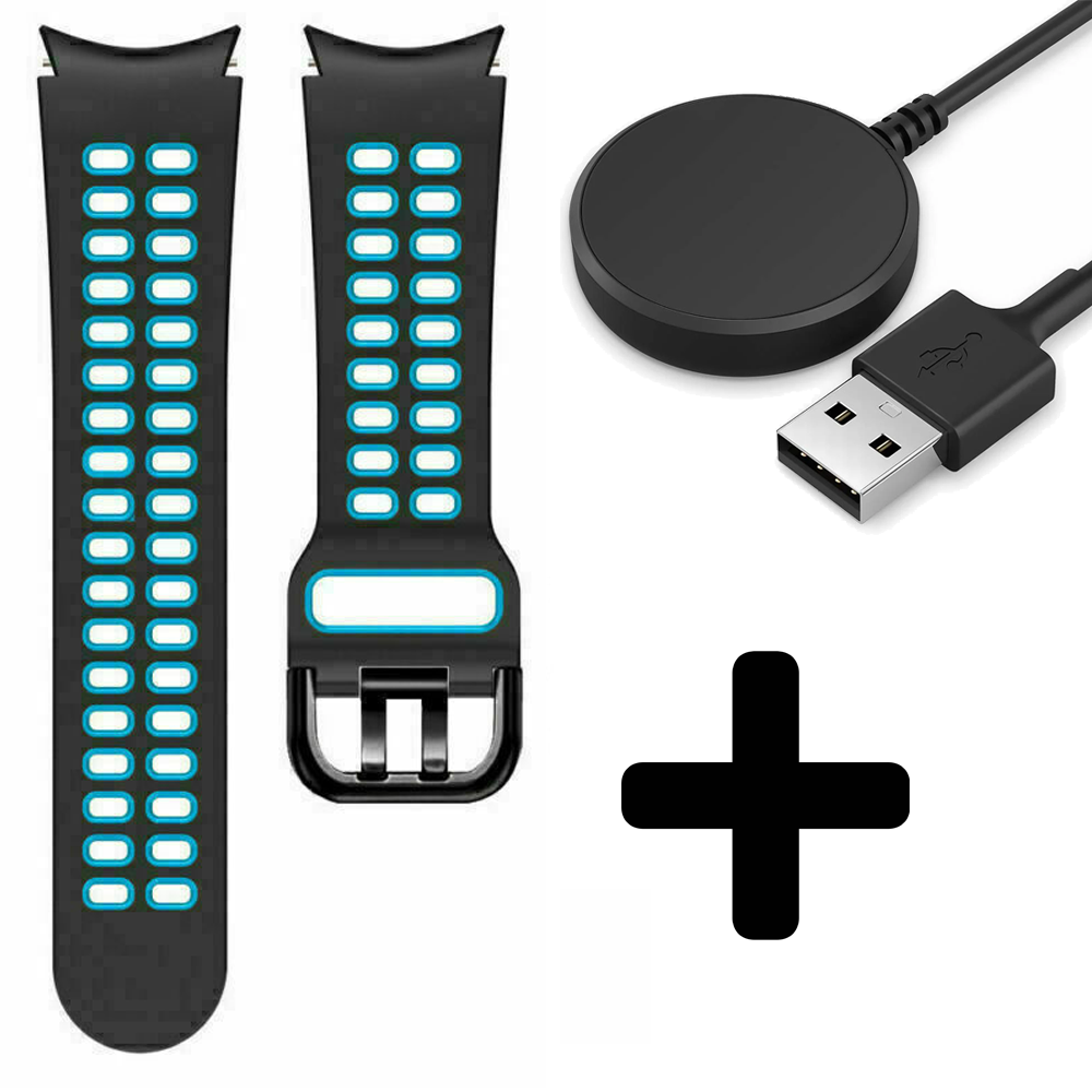 Strap-it Strap-it Bandje geschikt voor Samsung Galaxy Watch 5 (40mm / 44mm / Pro) sport square bandje (zwart/lichtblauw) - Incl. Oplader geschikt voor Samsung Galaxy Watch 5 40 mm / 44 mm / Pro (oplaadkabel)