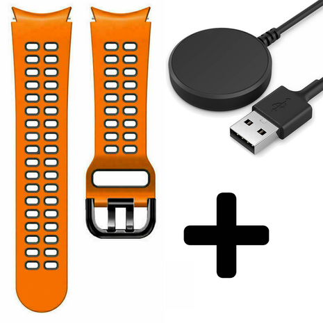 Strap-it Strap-it Bandje geschikt voor Samsung Galaxy Watch 5 (40mm / 44mm / Pro) sport square bandje (oranje/zwart) - Incl. Oplader geschikt voor Samsung Galaxy Watch 5 40 mm / 44 mm / Pro (oplaadkabel)