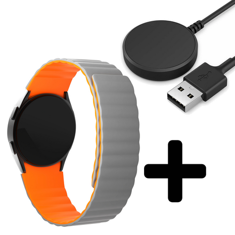 Strap-it Strap-it Bandje geschikt voor Samsung Galaxy Watch 5 (40mm / 44mm / Pro) bandje magnetisch siliconen bandje (grijs/oranje) - Incl. Oplader geschikt voor Samsung Galaxy Watch 5 40 mm / 44 mm / Pro (oplaadkabel)