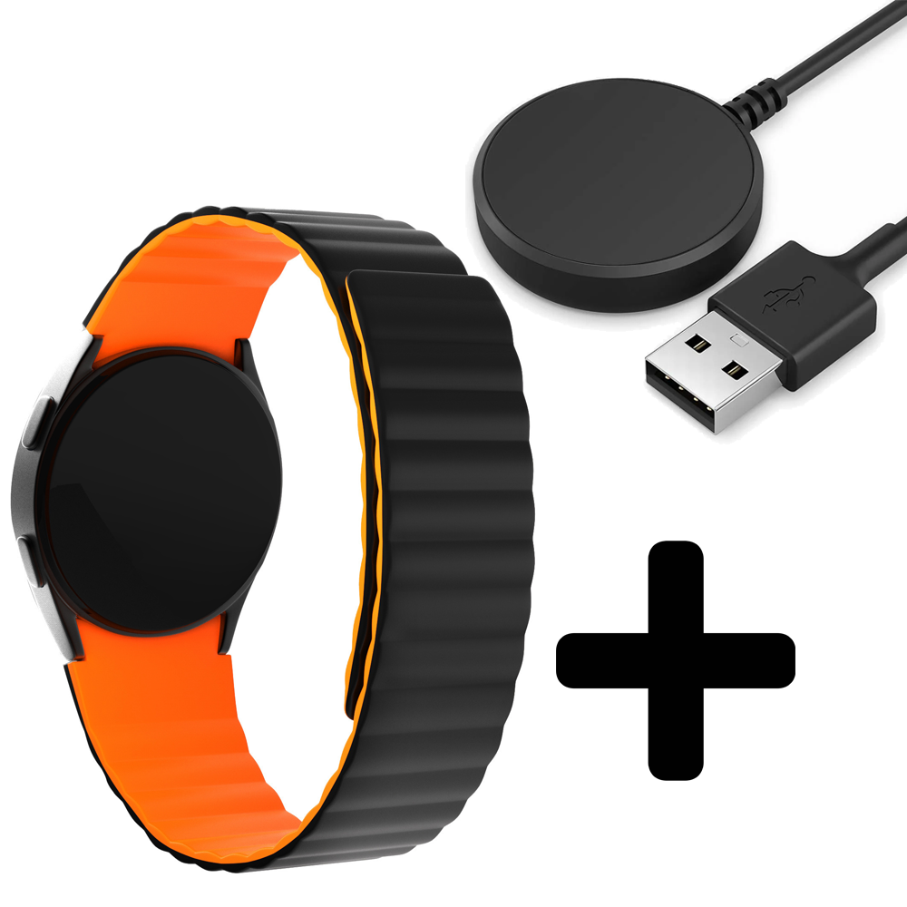 Strap-it Strap-it Bandje geschikt voor Samsung Galaxy Watch 5 (40mm / 44mm / Pro) bandje magnetisch siliconen bandje (zwart/oranje) - Incl. Oplader geschikt voor Samsung Galaxy Watch 5 40 mm / 44 mm / Pro (oplaadkabel)