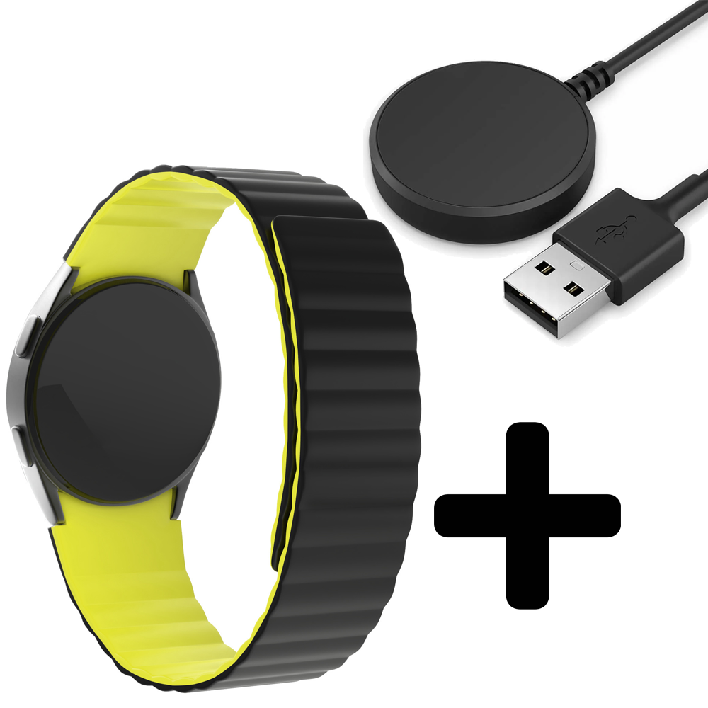 Strap-it Strap-it Bandje geschikt voor Samsung Galaxy Watch 5 (40mm / 44mm / Pro) bandje magnetisch siliconen bandje (zwart/geel) - Incl. Oplader geschikt voor Samsung Galaxy Watch 5 40 mm / 44 mm / Pro (oplaadkabel) Strap-it Strap-it Bandje geschikt voor Samsung Galaxy Watch 5 (40mm / 44mm / Pro) bandje magnetisch siliconen bandje (zwart/geel) - Incl. Oplader geschikt voor Samsung Galaxy Watch 5 40 mm / 44 mm / Pro (oplaadkabel)