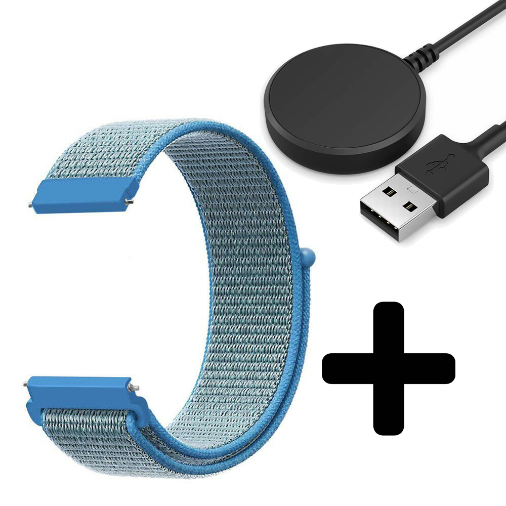 Strap-it Strap-it Bandje geschikt voor Samsung Galaxy Watch 5 (40mm / 44mm / Pro) bandje nylon band (blauw)  - Incl. Oplader geschikt voor Samsung Galaxy Watch 5 40 mm / 44 mm / Pro (oplaadkabel)