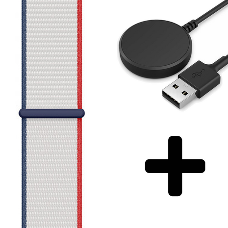 Strap-it Strap-it Bandje geschikt voor Samsung Galaxy Watch 5 (40mm / 44mm / Pro) bandje nylon band (Frankrijk) - Incl. Oplader geschikt voor Samsung Galaxy Watch 5 40 mm / 44 mm / Pro (oplaadkabel)