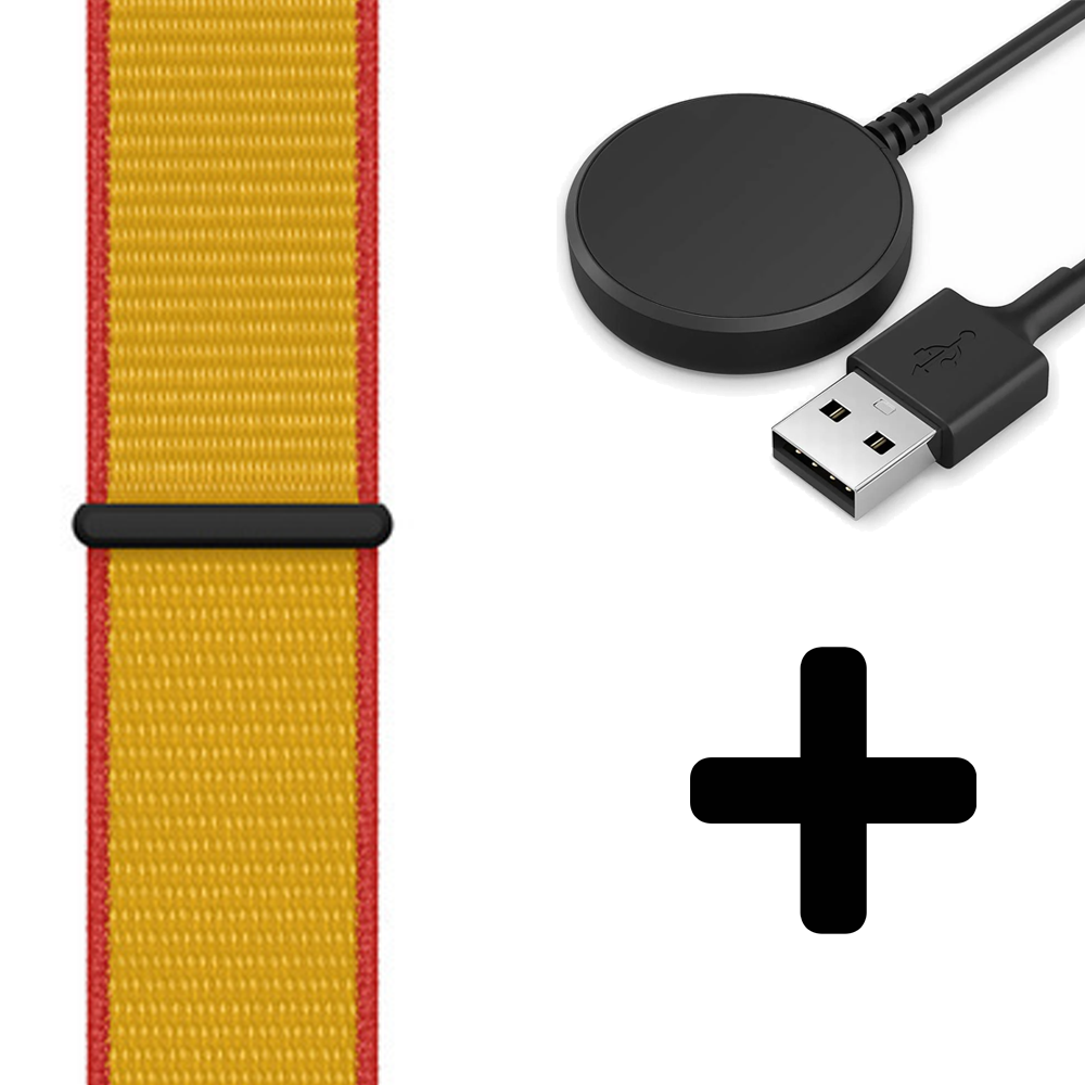 Strap-it Strap-it Bandje geschikt voor Samsung Galaxy Watch 5 (40mm / 44mm / Pro) bandje nylon band (Duitsland) - Incl. Oplader geschikt voor Samsung Galaxy Watch 5 40 mm / 44 mm / Pro (oplaadkabel)