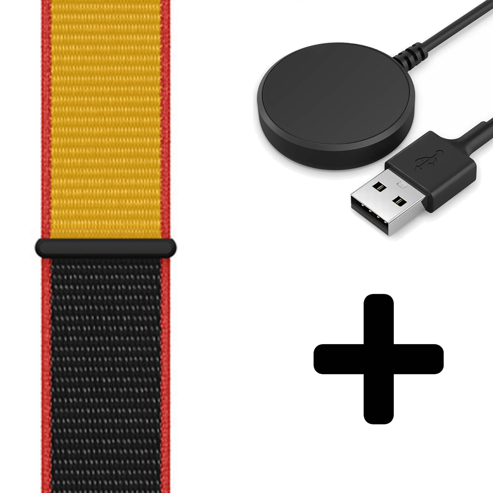 Strap-it Strap-it Bandje geschikt voor Samsung Galaxy Watch 5 (40mm / 44mm / Pro) bandje nylon band (België) - Incl. Oplader geschikt voor Samsung Galaxy Watch 5 40 mm / 44 mm / Pro (oplaadkabel)