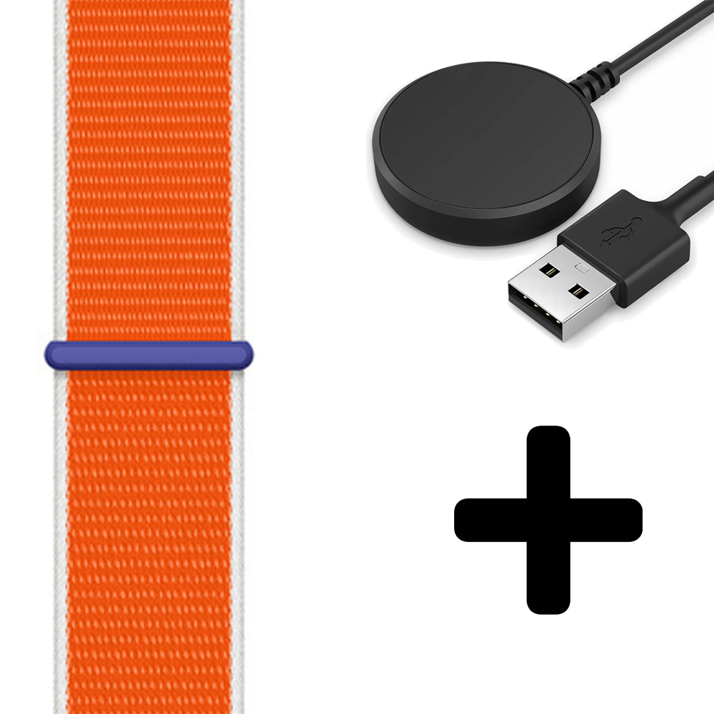 Strap-it Strap-it Bandje geschikt voor Samsung Galaxy Watch 5 (40mm / 44mm / Pro) bandje nylon band (Nederland) - Incl. Oplader geschikt voor Samsung Galaxy Watch 5 40 mm / 44 mm / Pro (oplaadkabel)