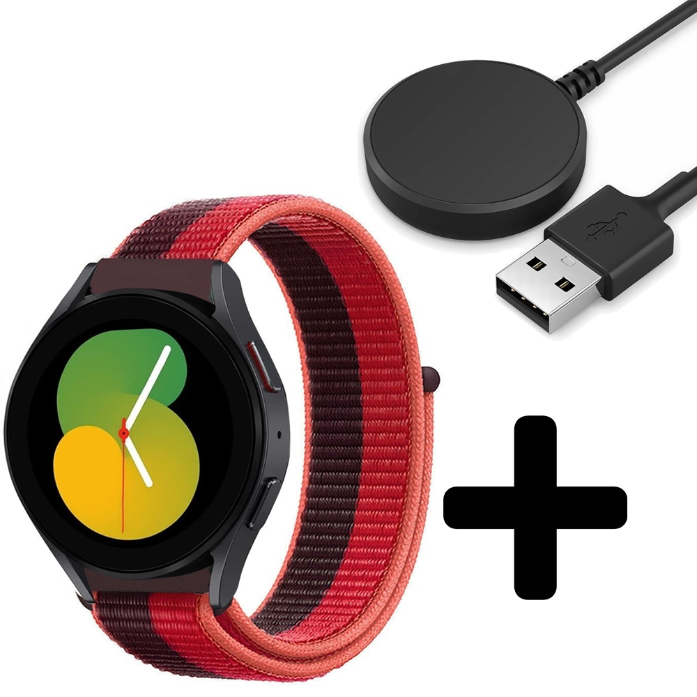 Strap-it Strap-it Bandje geschikt voor Samsung Galaxy Watch 5 (40mm / 44mm / Pro) bandje nylon band (cherry magenta) - Incl. Oplader geschikt voor Samsung Galaxy Watch 5 40 mm / 44 mm / Pro (oplaadkabel)