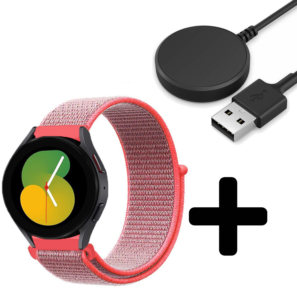 Strap-it Strap-it Bandje geschikt voor Samsung Galaxy Watch 5 (40mm / 44mm / Pro) bandje nylon band (neon pink) - Incl. Oplader geschikt voor Samsung Galaxy Watch 5 40 mm / 44 mm / Pro (oplaadkabel)