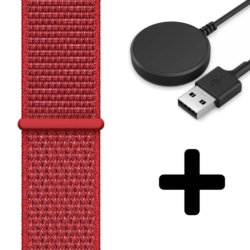 Strap-it Strap-it Bandje geschikt voor Samsung Galaxy Watch 5 (40mm / 44mm / Pro) bandje nylon band (rood)  - Incl. Oplader geschikt voor Samsung Galaxy Watch 5 40 mm / 44 mm / Pro (oplaadkabel)