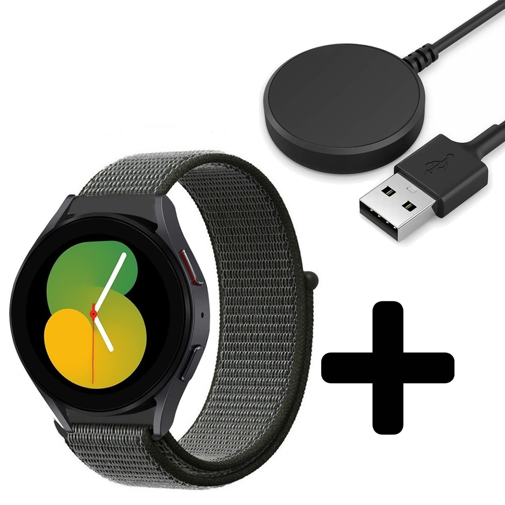 Strap-it Strap-it Bandje geschikt voor Samsung Galaxy Watch 5 (40mm / 44mm / Pro) bandje nylon band (groen) - Incl. Oplader geschikt voor Samsung Galaxy Watch 5 40 mm / 44 mm / Pro (oplaadkabel)