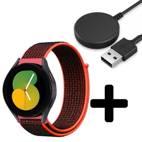 Strap-it Strap-it Bandje geschikt voor Samsung Galaxy Watch 5 (40mm / 44mm / Pro) bandje nylon band (zwart/oranje) - Incl. Oplader geschikt voor Samsung Galaxy Watch 5 40 mm / 44 mm / Pro (oplaadkabel)