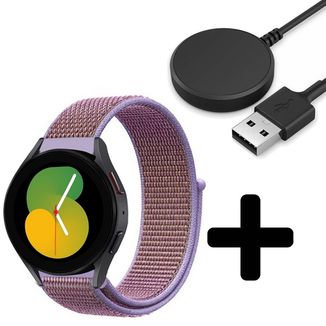 Strap-it Strap-it Bandje geschikt voor Samsung Galaxy Watch 5 (40mm / 44mm / Pro) bandje nylon band (lila) - Incl. Oplader geschikt voor Samsung Galaxy Watch 5 40 mm / 44 mm / Pro (oplaadkabel)