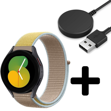 Strap-it Strap-it Bandje geschikt voor Samsung Galaxy Watch 5 (40mm / 44mm / Pro) bandje nylon band (camel) - Incl. Oplader geschikt voor Samsung Galaxy Watch 5 40 mm / 44 mm / Pro (oplaadkabel)