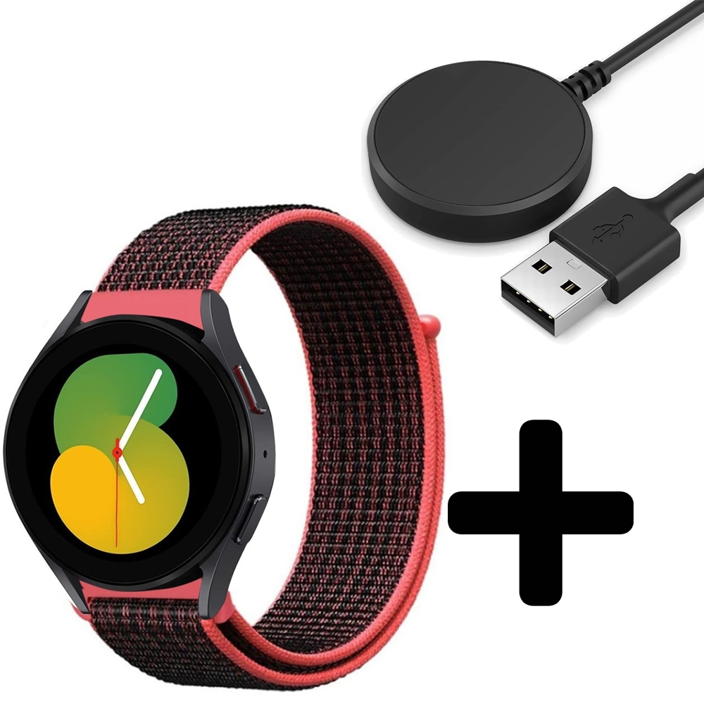 Strap-it Strap-it Bandje geschikt voor Samsung Galaxy Watch 5 (40mm / 44mm / Pro) bandje nylon band (zwart/koraal) - Incl. Oplader geschikt voor Samsung Galaxy Watch 5 40 mm / 44 mm / Pro (oplaadkabel)