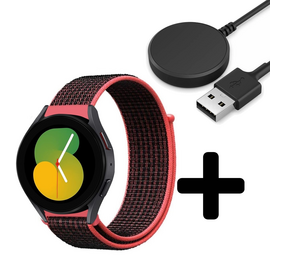 Strap-it GW5 - nylon band (zwart/koraal) + Oplader - Batch 2 (06-2023)