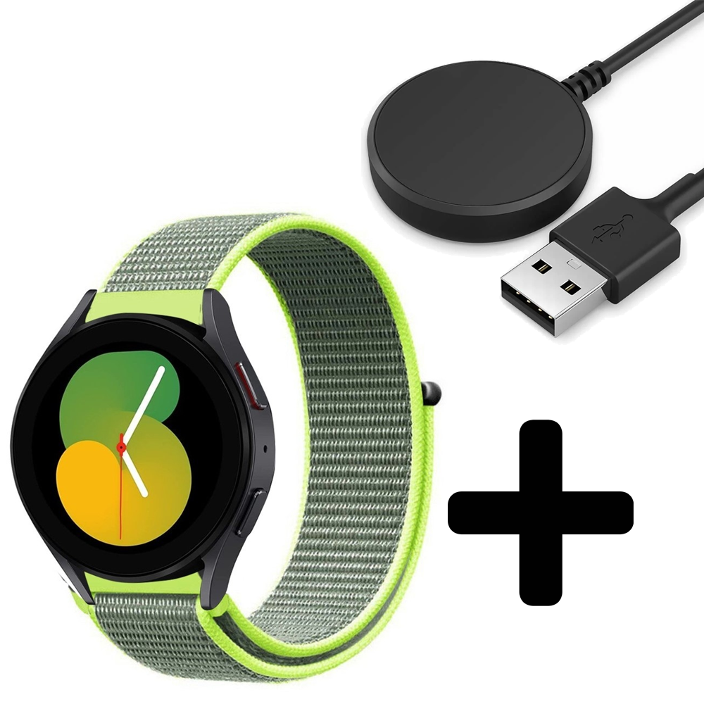 Strap-it Strap-it Bandje geschikt voor Samsung Galaxy Watch 5 (40mm / 44mm / Pro) bandje nylon band (fluoriserend) - Incl. Oplader geschikt voor Samsung Galaxy Watch 5 40 mm / 44 mm / Pro (oplaadkabel)