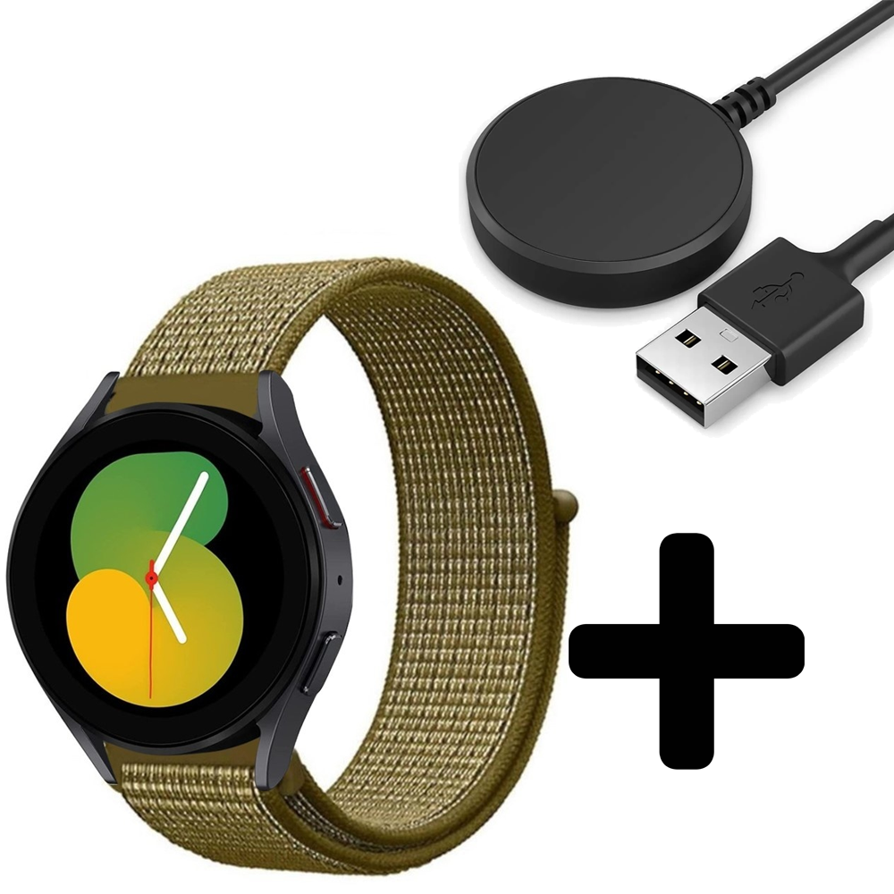 Strap-it Strap-it Bandje geschikt voor Samsung Galaxy Watch 5 (40mm / 44mm / Pro) bandje nylon band (olijf) - Incl. Oplader geschikt voor Samsung Galaxy Watch 5 40 mm / 44 mm / Pro (oplaadkabel)