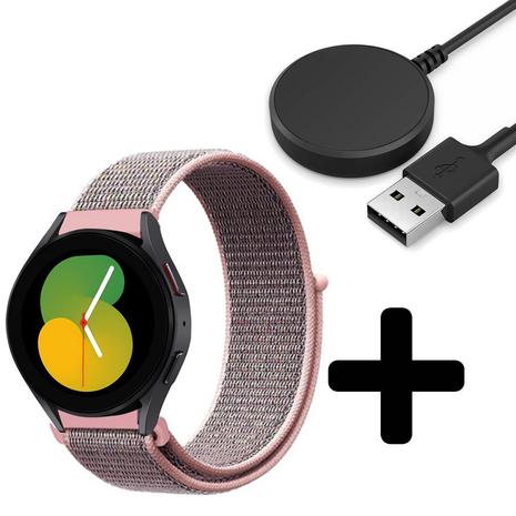 Strap-it Strap-it Bandje geschikt voor Samsung Galaxy Watch 5 (40mm / 44mm / Pro) bandje nylon band (pink sand) - Incl. Oplader geschikt voor Samsung Galaxy Watch 5 40 mm / 44 mm / Pro (oplaadkabel)
