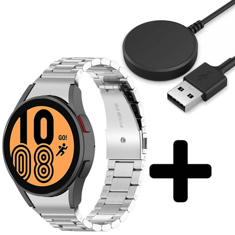 Strap-it Strap-it Bandje geschikt voor Samsung Galaxy Watch 5 (40mm / 44mm / Pro) bandje titanium bandje (zilver) - Incl. Oplader geschikt voor Samsung Galaxy Watch 5 40 mm / 44 mm / Pro (oplaadkabel)