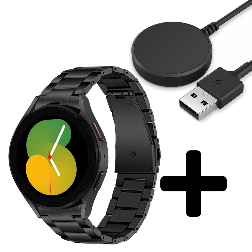 Strap-it Strap-it Bandje geschikt voor Samsung Galaxy Watch 5 (40mm / 44mm / Pro) bandje titanium bandje (zwart) - Incl. Oplader geschikt voor Samsung Galaxy Watch 5 40 mm / 44 mm / Pro (oplaadkabel)