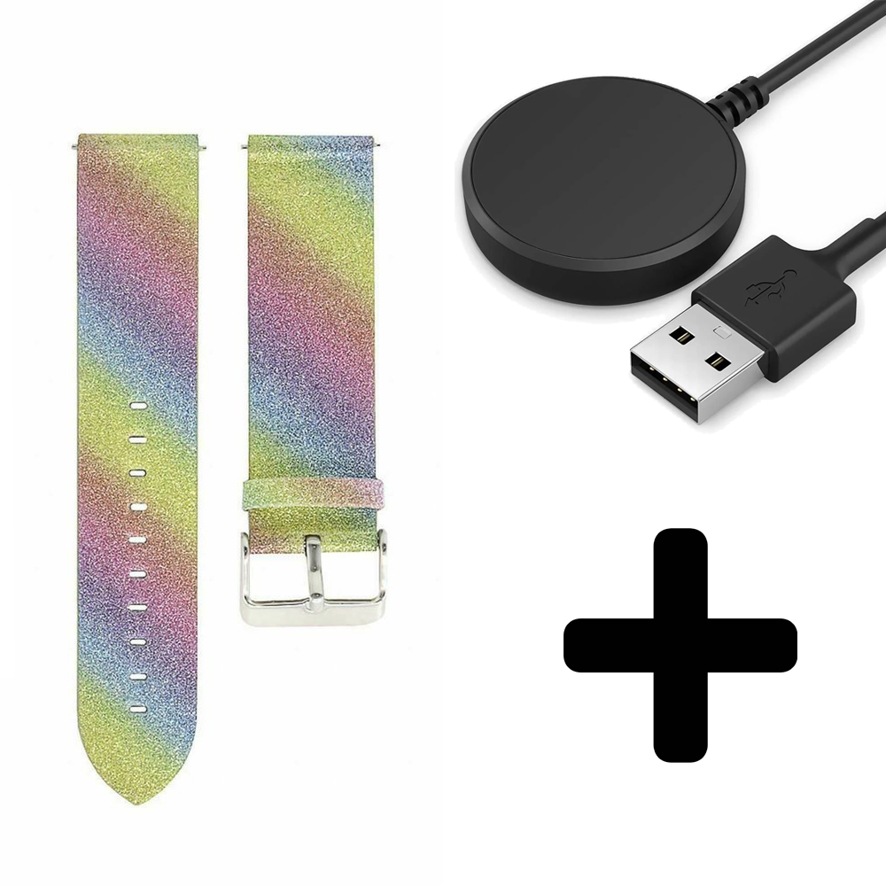 Strap-it Strap-it Bandje geschikt voor Samsung Galaxy Watch 5 (40mm / 44mm / Pro) bandje leren glitter bandje (regenboog) - Incl. Oplader geschikt voor Samsung Galaxy Watch 5 40 mm / 44 mm / Pro (oplaadkabel)