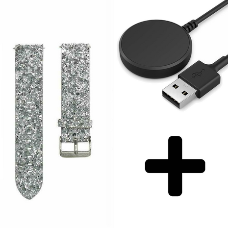 Strap-it Strap-it Bandje geschikt voor Samsung Galaxy Watch 5 (40mm / 44mm / Pro) bandje leren glitter bandje (zilver) - Incl. Oplader geschikt voor Samsung Galaxy Watch 5 40 mm / 44 mm / Pro (oplaadkabel)