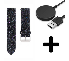Strap-it GW5 - leren glitter bandje (zwart) + Oplader - Batch 2 (06-2023)