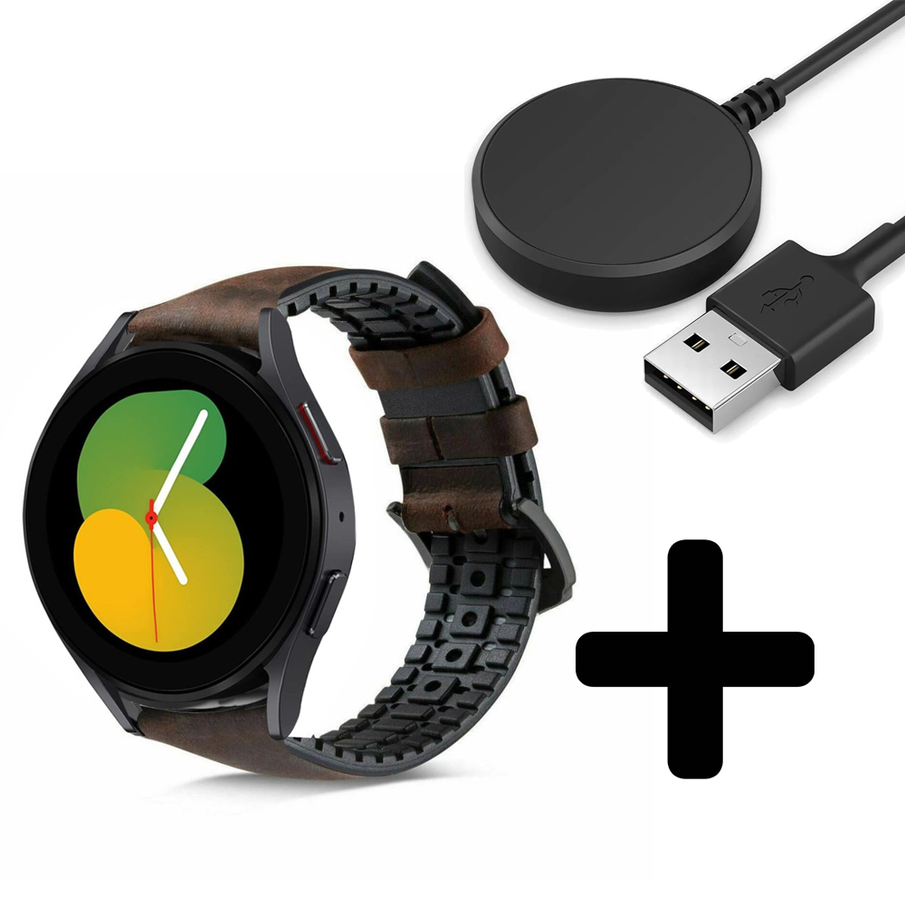 Strap-it Strap-it Bandje geschikt voor Samsung Galaxy Watch 5 (40mm / 44mm / Pro) bandje siliconen / leren bandje (bruin) - Incl. Oplader geschikt voor Samsung Galaxy Watch 5 40 mm / 44 mm / Pro (oplaadkabel) Strap-it Strap-it Bandje geschikt voor Samsung Galaxy Watch 5 (40mm / 44mm / Pro) bandje siliconen / leren bandje (bruin) - Incl. Oplader geschikt voor Samsung Galaxy Watch 5 40 mm / 44 mm / Pro (oplaadkabel)