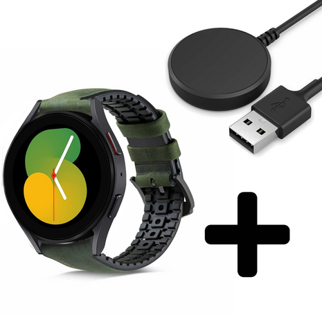 Strap-it Strap-it Bandje geschikt voor Samsung Galaxy Watch 5 (40mm / 44mm / Pro) bandje siliconen / leren bandje (groen) - Incl. Oplader geschikt voor Samsung Galaxy Watch 5 40 mm / 44 mm / Pro (oplaadkabel) Strap-it Strap-it Bandje geschikt voor Samsung Galaxy Watch 5 (40mm / 44mm / Pro) bandje siliconen / leren bandje (groen) - Incl. Oplader geschikt voor Samsung Galaxy Watch 5 40 mm / 44 mm / Pro (oplaadkabel)
