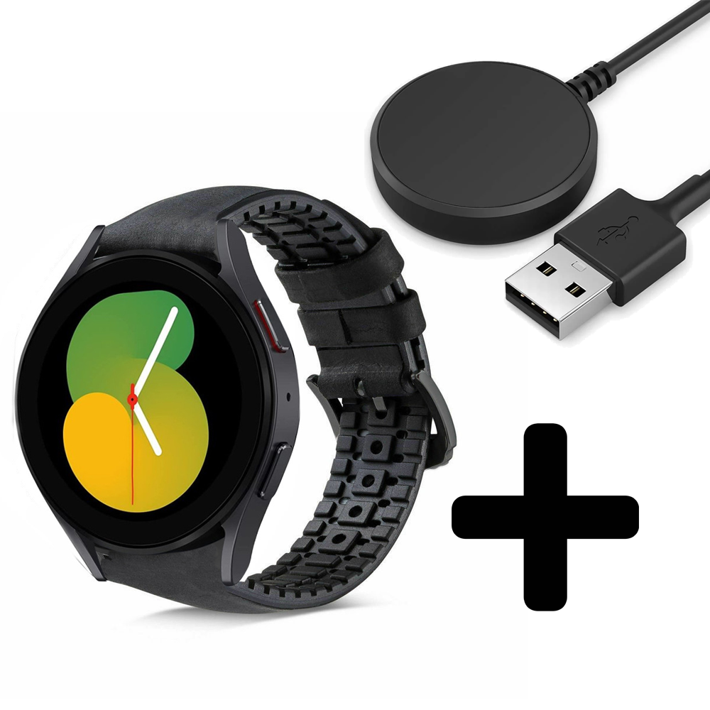 Strap-it Strap-it Bandje geschikt voor Samsung Galaxy Watch 5 (40mm / 44mm / Pro) bandje siliconen / leren bandje (zwart) - Incl. Oplader geschikt voor Samsung Galaxy Watch 5 40 mm / 44 mm / Pro (oplaadkabel) Strap-it Strap-it Bandje geschikt voor Samsung Galaxy Watch 5 (40mm / 44mm / Pro) bandje siliconen / leren bandje (zwart) - Incl. Oplader geschikt voor Samsung Galaxy Watch 5 40 mm / 44 mm / Pro (oplaadkabel)