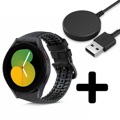 Strap-it Strap-it Bandje geschikt voor Samsung Galaxy Watch 5 (40mm / 44mm / Pro) bandje siliconen / leren bandje (zwart) - Incl. Oplader geschikt voor Samsung Galaxy Watch 5 40 mm / 44 mm / Pro (oplaadkabel) Strap-it Strap-it Bandje geschikt voor Samsung Galaxy Watch 5 (40mm / 44mm / Pro) bandje siliconen / leren bandje (zwart) - Incl. Oplader geschikt voor Samsung Galaxy Watch 5 40 mm / 44 mm / Pro (oplaadkabel)