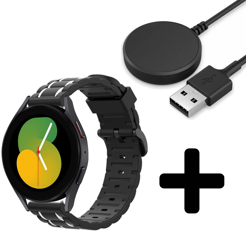 Strap-it Strap-it Bandje geschikt voor Samsung Galaxy Watch 5 (40mm / 44mm / Pro) bandje sport gesp band (zwart/wit) - Incl. Oplader geschikt voor Samsung Galaxy Watch 5 40 mm / 44 mm / Pro (oplaadkabel) Strap-it Strap-it Bandje geschikt voor Samsung Galaxy Watch 5 (40mm / 44mm / Pro) bandje sport gesp band (zwart/wit) - Incl. Oplader geschikt voor Samsung Galaxy Watch 5 40 mm / 44 mm / Pro (oplaadkabel)