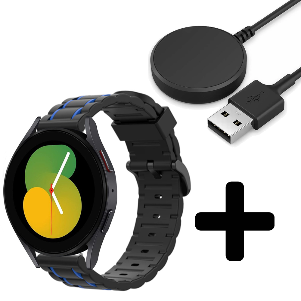 Strap-it Strap-it Bandje geschikt voor Samsung Galaxy Watch 5 (40mm / 44mm / Pro) bandje sport gesp band (zwart/blauw) - Incl. Oplader geschikt voor Samsung Galaxy Watch 5 40 mm / 44 mm / Pro (oplaadkabel)