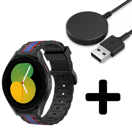 Strap-it Strap-it Bandje geschikt voor Samsung Galaxy Watch 5 (40mm / 44mm / Pro) bandje Special Edition Band (zwart/blauw) - Incl. Oplader geschikt voor Samsung Galaxy Watch 5 40 mm / 44 mm / Pro (oplaadkabel)