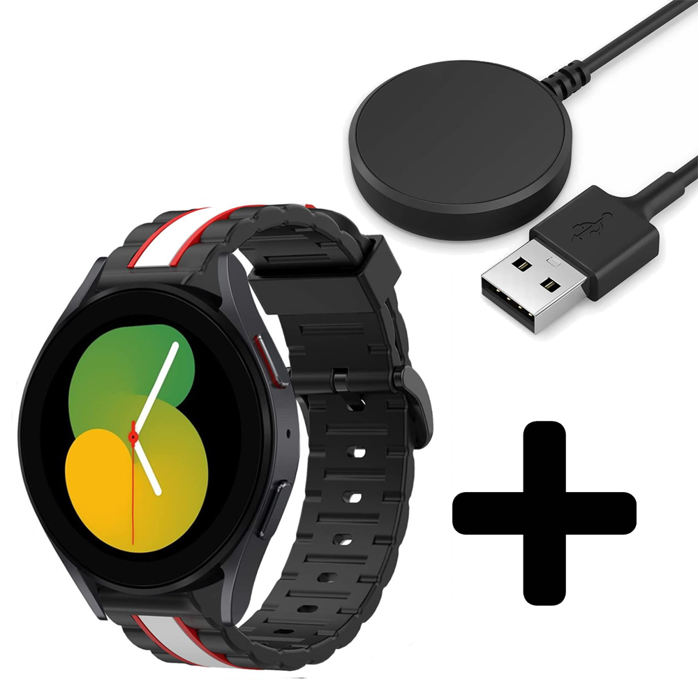 Strap-it Strap-it Bandje geschikt voor Samsung Galaxy Watch 5 (40mm / 44mm / Pro) bandje Special Edition Band (zwart/wit) - Incl. Oplader geschikt voor Samsung Galaxy Watch 5 40 mm / 44 mm / Pro (oplaadkabel)